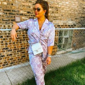 Zara 2 Piece Purple Floral Flowy Printed Shirt with Jogger Pants Set  Size M